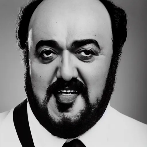 Prompt: black and white photo, portrait of Luciano Pavarotti by richard avedon, realistic, Leica, medium format, cinematic lighting, parallax, high resolution,