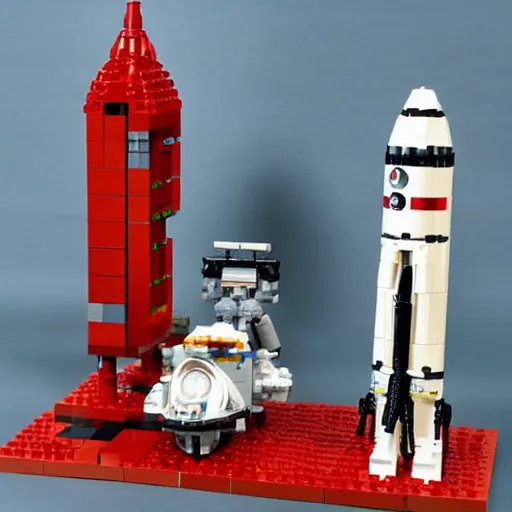 Prompt: an elon musk space x mars colony lego set