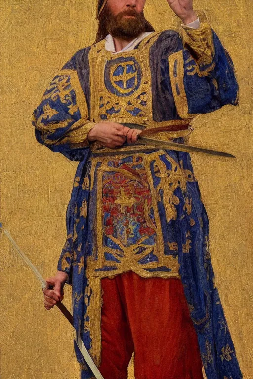 Image similar to slavic man in medieval clothes, fights with a sword, orthodox, oil painting, concept art, hyperrealism, beautiful, high resolution, trending on artstation, by annie swynnerton and nicholas roerich, embroidered robes, elaborate costume, geometric ornament, symbolist, soft colors, dramatic lighting, smooth, sharp focus, extremely detailed, two hands,