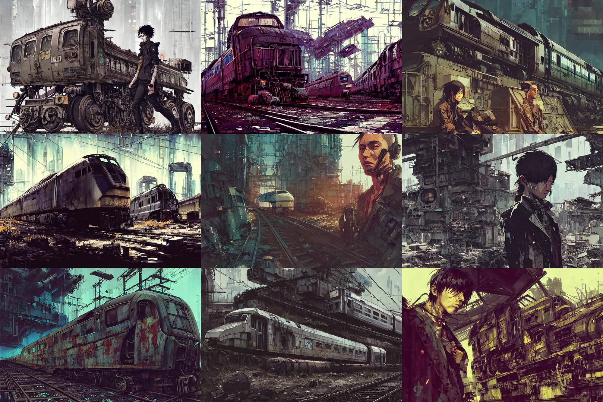 Prompt: hyper - realistic cyberpunk portrait of abandoned passenger train graveyard, extreme detail, rule of thirds, in style of col price, yoji shinkawa, pan ren wei, atey ghailan, by greg rutkowski, by greg tocchini, by james gilleard, by joe fenton, by kaethe butcher, grunge aesthetic