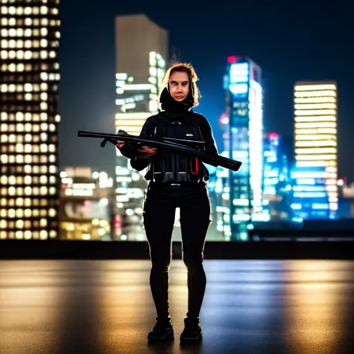 Image similar to photographic portrait of a techwear woman holding a shotgun, closeup, on the rooftop of a futuristic city at night, sigma 85mm f/1.4, 4k, depth of field, high resolution, 4k, 8k, hd, full color