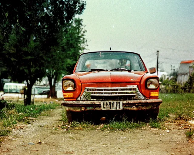 Image similar to a lomographic photo of old lada 2 1 0 7 standing in typical soviet yard in small town, hrushevka on background, cinestill, bokeh