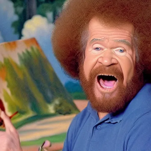 Prompt: bob ross screaming at his painting in an uncontrollable fit of rage