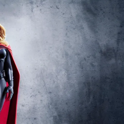 Image similar to scarlett johansson's batman, full pose, with cape, cape, cape, full length body shot, in a serene foreground, in a serene background