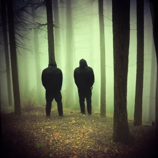 Prompt: low quality iphone photo of the payday : the heist crew standing ominously deep in the foggy woods low visibility creepy, grainy, trail cam footage