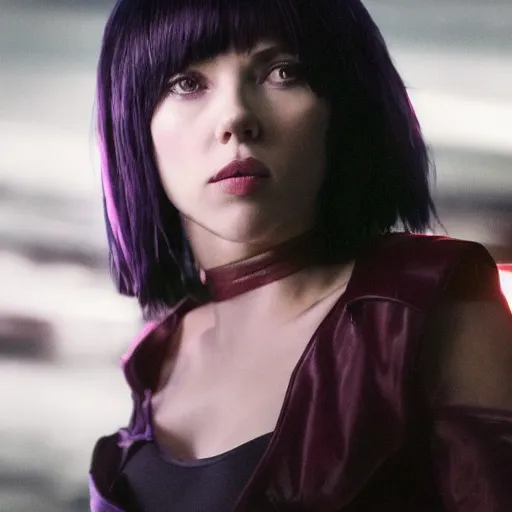 Image similar to a beautiful still of scarlett johansson as motoko kusanagi from ghost in the shell, cyberpunk style, looking off into the distance, short black hairs, with a soft, blue hour, neons light from night city falling on her face. focus on her eyes and brows. by annie leibowitz