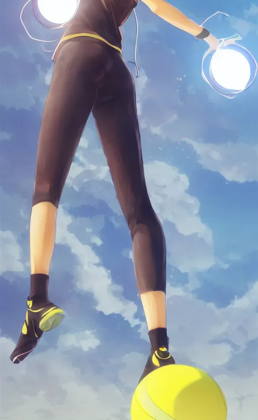 Prompt: character design, manga style, realistic lighting, futuristic solid colors, made by ilya kuvshinov, uploaded on safebooru, from arknights, female beach volley player, elegant, futuristic yellow lens, sport clothing, visible feets, simple background
