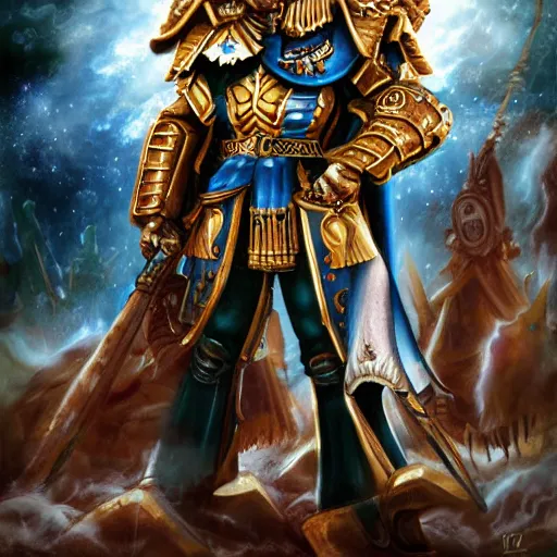 Prompt: the emperor of mankind from laura warhammer 4 0, 0 0 0, digital painting, super detail,