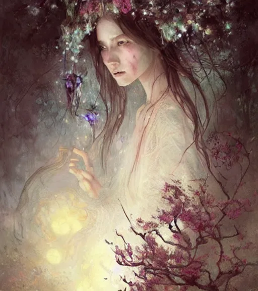 Prompt: a beautiful terrifying ghost spirit sad female portrait hornets, wasps, beehive black eyes twisted trees, crying tears, butterfly, blooming made of flowers. ethereal horror fantasy art by greg rutkowski and raymond swanland and monet, ruan jia, by wlop,