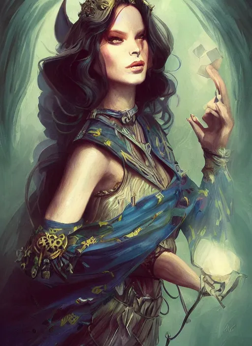 Image similar to tarot!!, fairy queen, fantasy medieval, no noise, elegant, concept art, sharp focus, beautiful face!!, digital art, smooth defined outlines!!, by Brom, trending on Artstation, Tom Bagshaw, Sargent