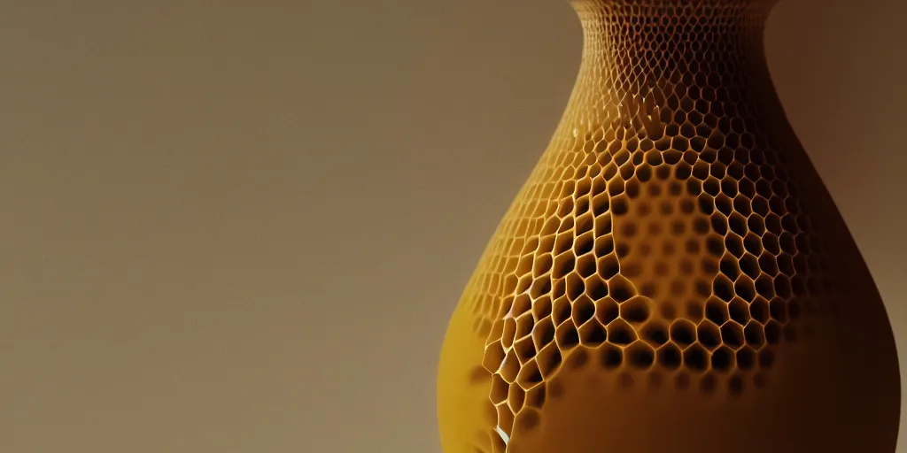 Image similar to honeycomb vase traditional design by tomas gabzdil libertiny, product design, film still from the movie directed by denis villeneuve with art direction by zdzisław beksinski, telephoto lens, shallow depth of field