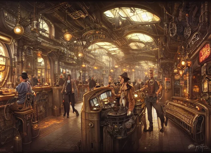 Prompt: an intricately detailed digital illustration of a steampunk metropolitan city - scape inside of a steampunk double bacon cheeseburger, ultra realistic, concept art, intricate details, eerie, highly detailed, photorealistic, octane render, 8 k, unreal engine. art by artgerm and greg rutkowski and charlie bowater and magali villeneuve and alphonse mucha