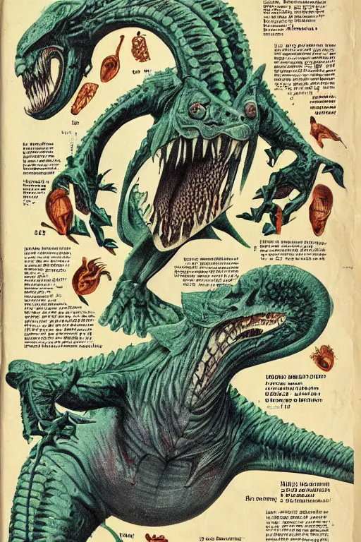 Image similar to biology textbook page, kaiju, 1950s, vintage, anatomy