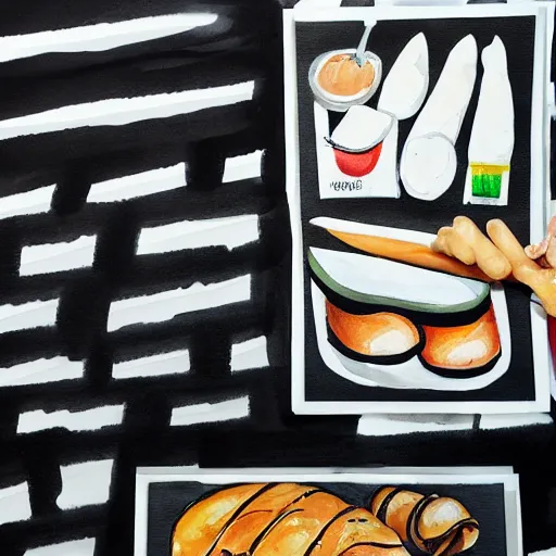 Image similar to marker paintings of street food with off white background in black and white