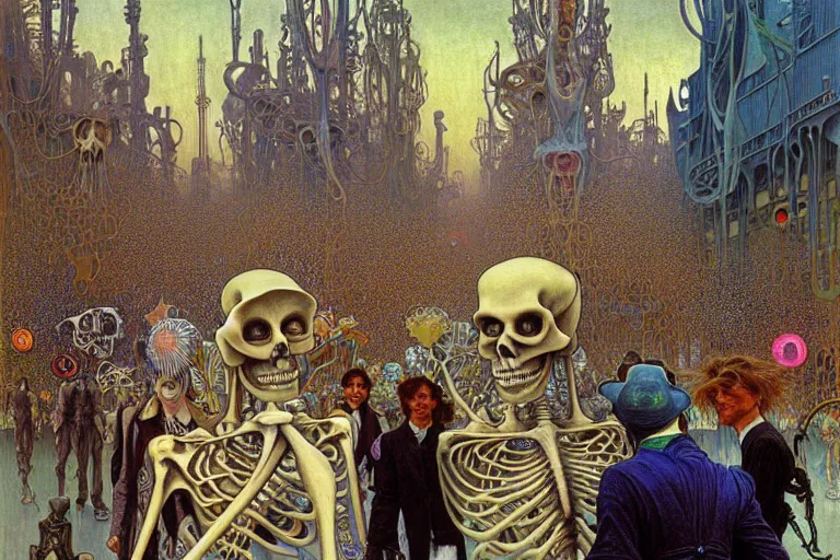 Image similar to realistic detailed portrait painting of a skeleton in a crowded futuristic street by Jean Delville, Amano, Yves Tanguy, Alphonse Mucha, Ernst Haeckel, Edward Robert Hughes, Roger Dean, rich moody colours, blue eyes