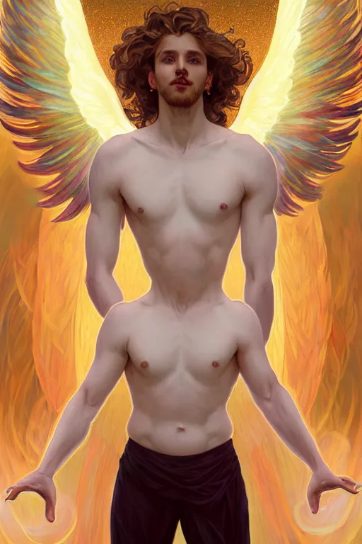 Image similar to symmetrical fullbody portrait of a beautiful young fit male angel with curly blond hairs, fulldressed in long fluent clothes, majestic big red bat wings, luminous fire halo, by greg rutkowski and alphonse mucha, gradient white to gold, in front of an iridescent background, highly detailed portrait, digital painting, artstation, concept art, smooth, sharp focus illustration