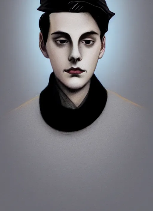 Image similar to portrait of teenage jughead jones wearing a light grey crown, crown, blue turtleneck, 1 9 5 0 s, closed eyes, photorealistic, black hair, glowing lighting, intricate, elegant, glowing lights, highly detailed, digital painting, artstation, concept art, smooth, sharp focus, illustration, art by wlop, mars ravelo and greg rutkowski