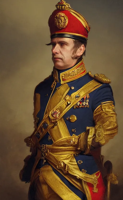 Prompt: Portrait of a middle aged 19th century man wearing a ceremonial uniform and a crown, male, detailed face, napoleonic, highly detailed, cinematic lighting, digital art painting by greg rutkowski