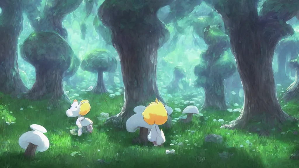 Prompt: cute Asriel Dreemurr in the mushroom forest, concept art by Makoto Shinkai