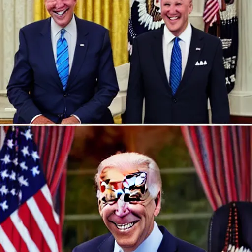 Prompt: Joe Biden with glowing eyes, sinister, evil, laughing, smiling, dark