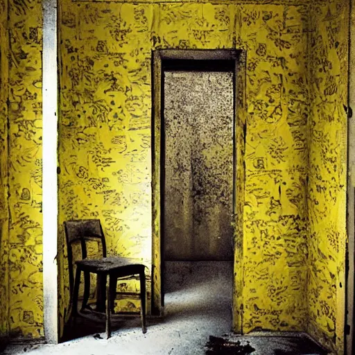 Prompt: ! dream a man wearing a lab coat inside endless backrooms with old yellow wallpaper, liminal space, flickering fluorecent lights, eerie mood