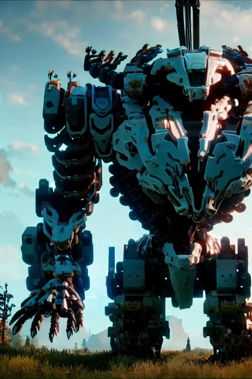 Image similar to a cinematic still from horizon zero dawn and pacific rim and westworld, full body mech, armored core, intact humanoid servo, octane render, nvidia raytracing demo, masterpiece, aged armor plating, decipticon armor plating, aggressive head, endoekeleton exposure