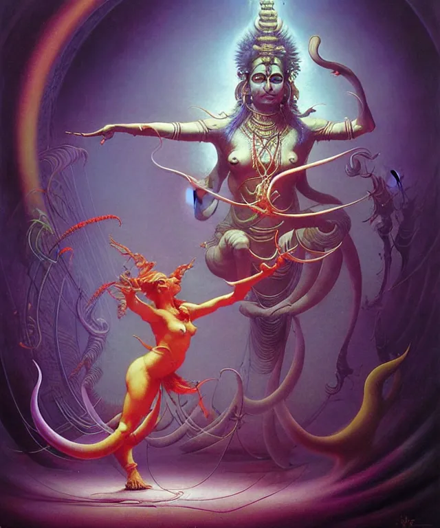 Image similar to shiva dancing in a futuristic holographic displays in the style of peter mohrbacher, wayne barlowe, gustav moreau, bussiere, roberto ferri, santiago caruso, luis ricardo falero, austin osman spare,