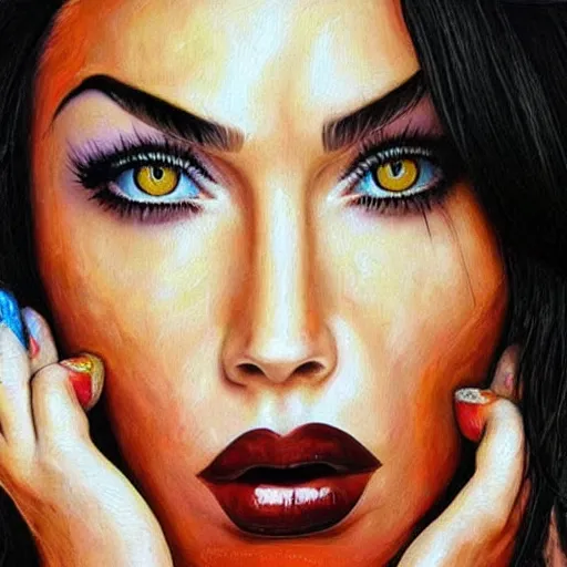 Image similar to “Megan Fox acid paints paintings, ultra detailed portrait, 4k resolution”