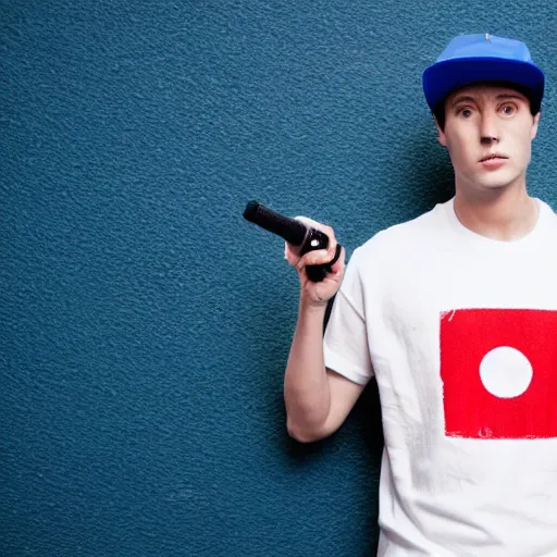 Image similar to a full body shot of an average white, short young - adult man with blue dyed hair holding a microphone, wearing a red backwards cap, white t - shirt with a red no symbol on it, blue long pants and red shoes, photoshoot, grey background