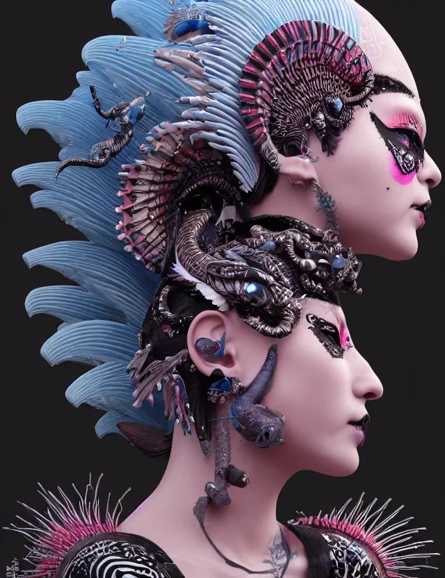 Image similar to 3 d goddess close - up profile portrait punk with mohawk with ram skull. beautiful intricately detailed japanese crow kitsune mask and clasical japanese kimono. betta fish, jellyfish phoenix, bio luminescent, plasma, ice, water, wind, creature, artwork by tooth wu and wlop and beeple and greg rutkowski