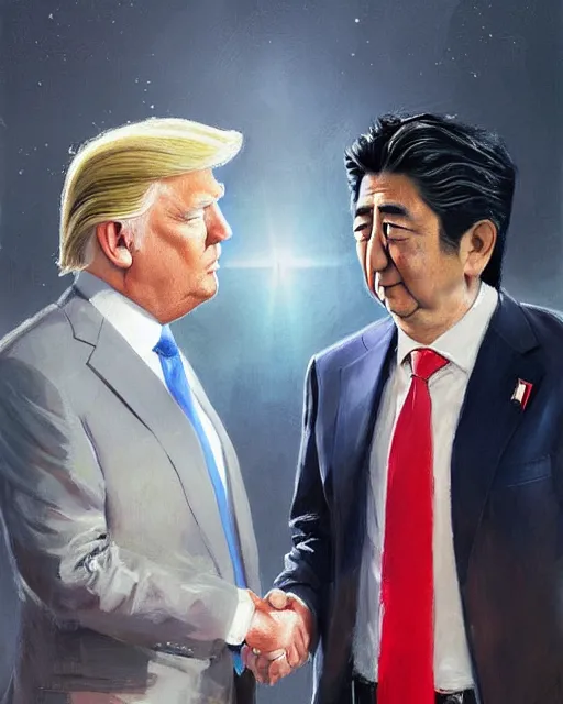 Image similar to donald trump and shinzo abe facing each other off dressed in spaceship pilot dresses shaking hands, portrait, illustration, rim light, top light, perfectly shaded, spring time, slight overcast lighting, soft painting, art by krenz cushart and wenjun lin