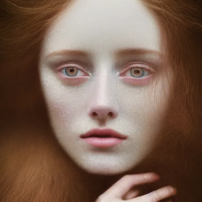 Image similar to Kodak Portra 400, 8K,ARTSTATION, Caroline Gariba, soft light, volumetric lighting, highly detailed, britt marling style 3/4 , extreme Close-up portrait photography of a beautiful woman how pre-Raphaelites,inspired by Ophelia paint, the face emerges from water of Pamukkale, hair are intricate with highly detailed realistic beautiful flowers , Realistic, Refined, Highly Detailed, interstellar outdoor soft pastel lighting colors scheme, outdoor fine art photography, Hyper realistic, photo realistic