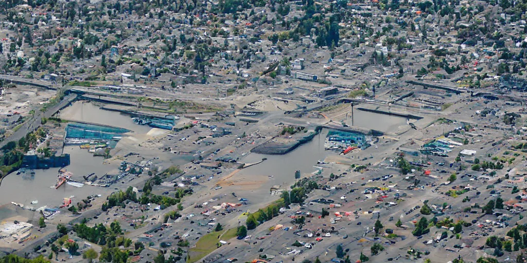 Prompt: bird's eye view of a city, trailer park, a road, bridge, and shipping dock area. town hall. photography