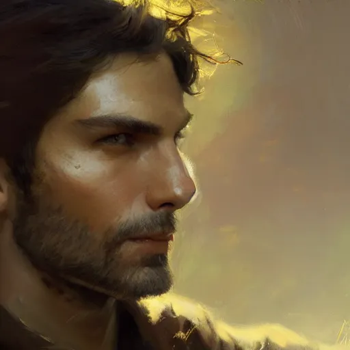 Image similar to detailed cinematic wide shot of beautiful attractive masculine man black hair slim face symettrical face clean skin blue eyes black clothes, ultra realistic, spring light, painting by gaston bussiere, craig mullins, j. c. leyendecker
