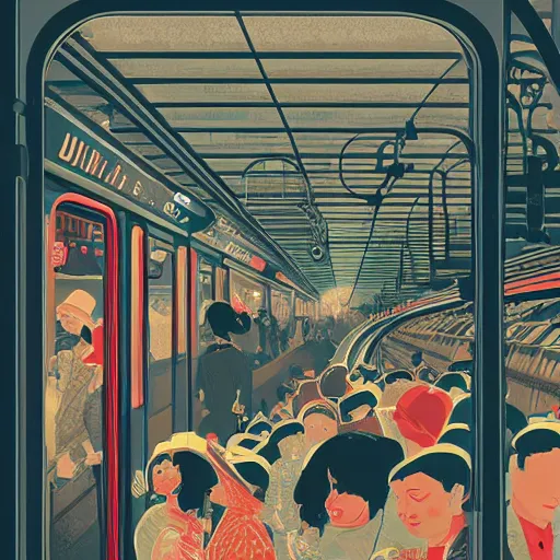 Image similar to parisian subway life, illustration by victo ngai, studio muti, malika favre