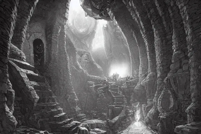 Prompt: black and white point perspective dungeon cozy fantasy dungeon you find the burrowed lair of swordlore, the full worm,by artgerm and Craig Mullins, James Jean, Andrey Ryabovichev, Mark Simonetti and Peter Morbacher 16k