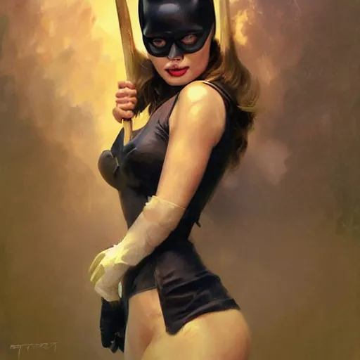 Image similar to margot Robbie as bat girl, painting, by Stanley Artgerm Lau, artstation, greg rutkowski, thomas kindkade, alphonse mucha, loish, norman Rockwell,