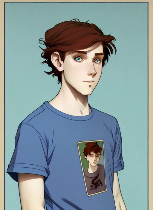 Prompt: art nouveau portrait of a teen boy with completely straight auburn hair, light blue eyes, pale skin, freckles, sad expression, t - shirt, modern casual clothing, natural lighting, path traced, highly detailed, high quality, cartoon, digital painting, by don bluth and ross tran and studio ghibli and alphonse mucha