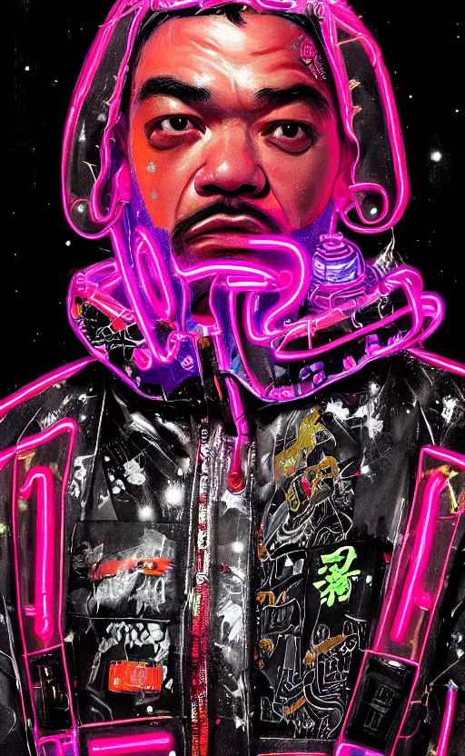 Image similar to detailed Method Man portrait Neon Operator, cyberpunk futuristic neon, reflective puffy coat, decorated with traditional Japanese ornaments by Ismail inceoglu dragan bibin hans thoma !dream detailed portrait Neon Operator Girl, cyberpunk futuristic neon, reflective puffy coat, decorated with traditional Japanese ornaments by Ismail inceoglu dragan bibin hans thoma greg rutkowski Alexandros Pyromallis Nekro Rene Maritte Illustrated, Perfect face, fine details, realistic shaded, fine-face, pretty face