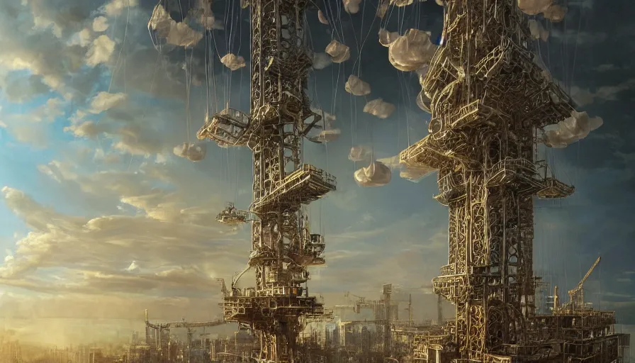 Prompt: an inflated stainless steel chrome gondola in the clouds, people are hanging by steel cables. Oil rigs in the sky. Intricate technical drawing. Mammatus clouds. Ornate, brilliant, utopian, detailed, Golden ratio, solarpunk technology by Lebbeus Woods and Craig Mullins