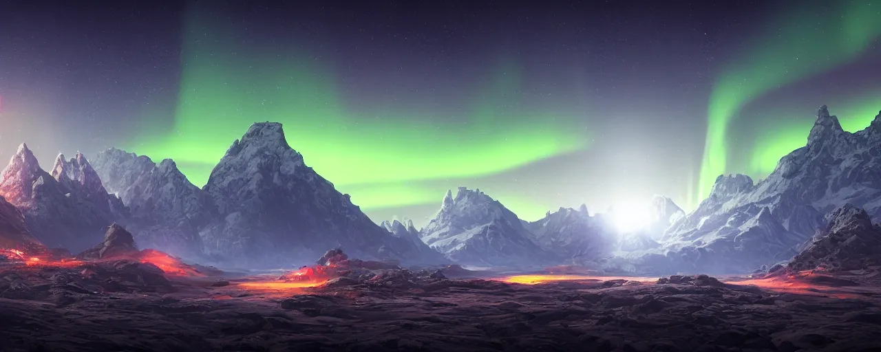 Image similar to landscape, nigh time, mountains, northern lights, nightcore, aesthetic global illumination 8 k ultra hd in artstyle of finnian macmanus, john park, greg rutkowski and syd mead, concept art unreal engine octane render