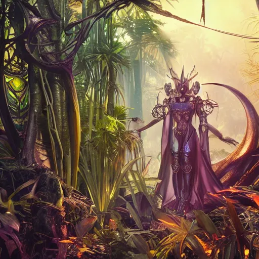 Image similar to mystical evil android queen with obsidian eyes, wearing an elaborate helmet, in a jungle, octane render, 8 k, unreal engine, by todd mcfarlane and artgerm and greg rutkowski and alphonse mucha