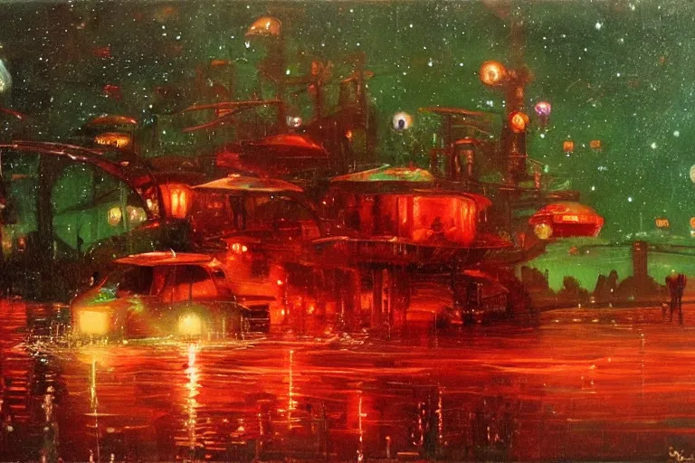 Prompt: river boats speeding between spherical tree houses on flooded streets of new york painting, red and green palette, night lights, starry sky, by ( ( ( ( ( ( ( ( ( h. r. giger ) ) ) ) ) ) ) ) ) and paul lehr