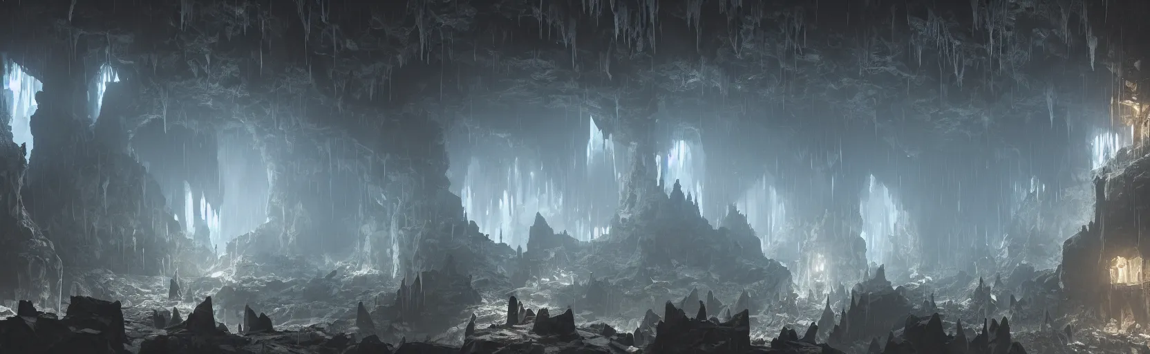 Image similar to inside view of the batman cave, bats flying around, stalagmites and stalaclites, unreal engine, Greg Rutkowski, James Gurney, artstation