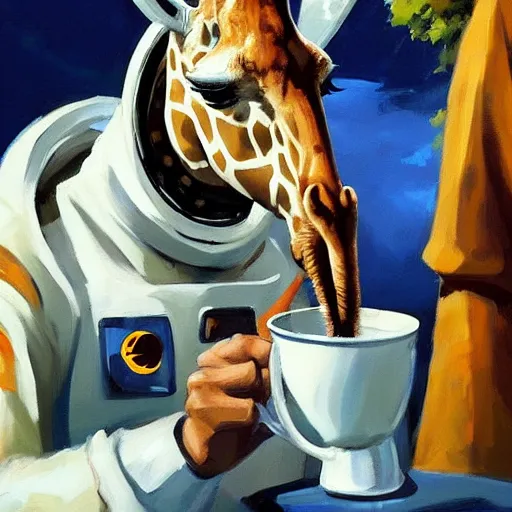 Image similar to a giraffe dressed like an astronaut drinking tea with queen isabel, trending on artstation, art by greg manchess, guangjian, detailed digital art, artstation hd