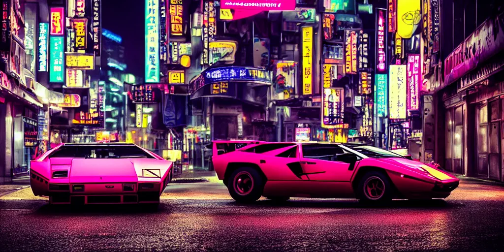 Image similar to photo lamborghini countach parked in a rainy neo tokyo street at night with neon light signs illuminating the scene, moody, hdr, 4 k