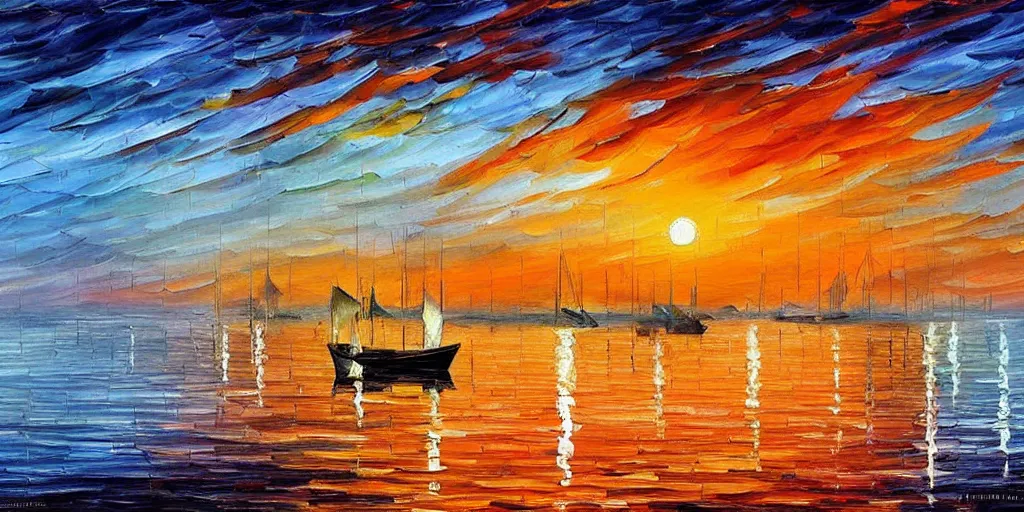 Image similar to rising sun ( ( ( fishing cormorant, fishing boat ) ) ) on the bay, by leonid afremov and moebius