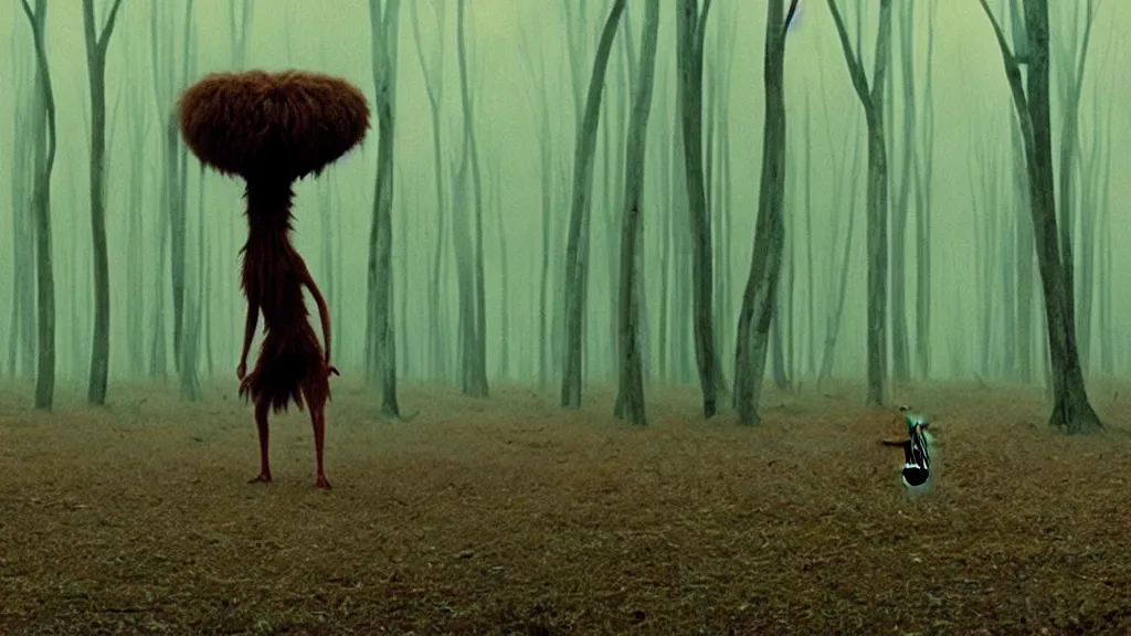 Image similar to the tall strange creature waits in the distant forest, film still from the movie directed by Denis Villeneuve with art direction by Salvador Dalí, wide lens