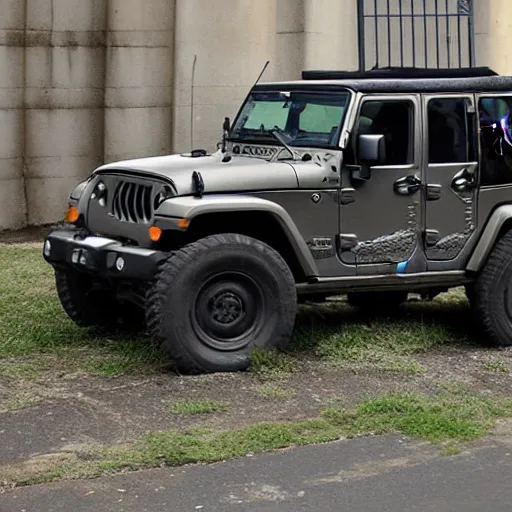 Prompt: gorilla driving a jeep made by banksy