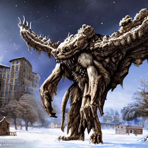 Prompt: Gigantic creature with ancient buildings on its back, snow, digital art, realistic, trending on artstation